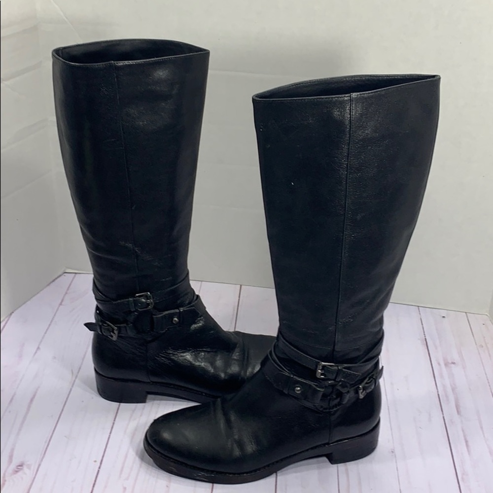 Via Spiga black leather ankle strap boots
